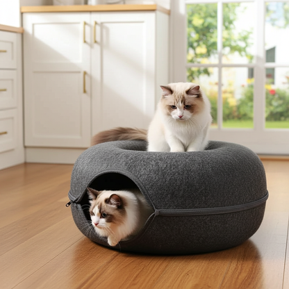 Cat Donut Bed Tunnel – Felt 2-in-1 Nest & Tunnel for Cats, Small & Large
